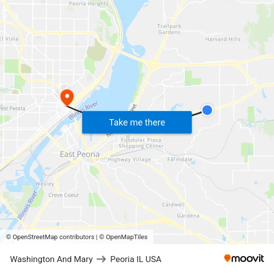 Washington And Mary to Peoria IL USA map