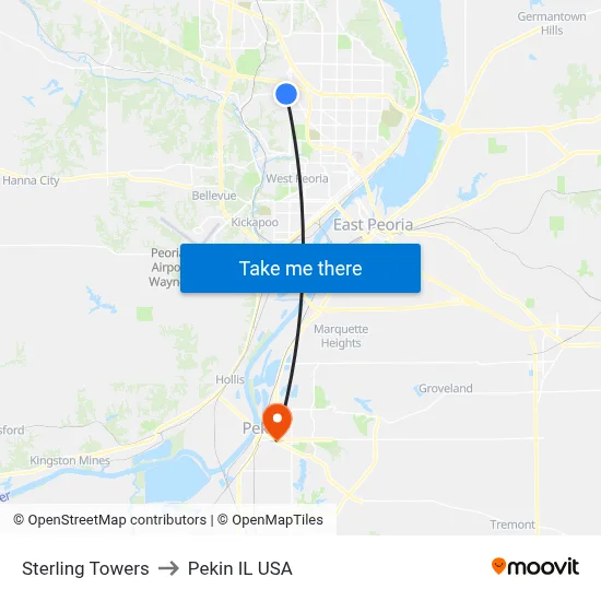 Sterling Towers to Pekin IL USA map
