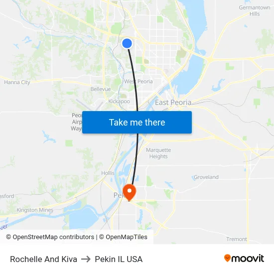 Rochelle And Kiva to Pekin IL USA map