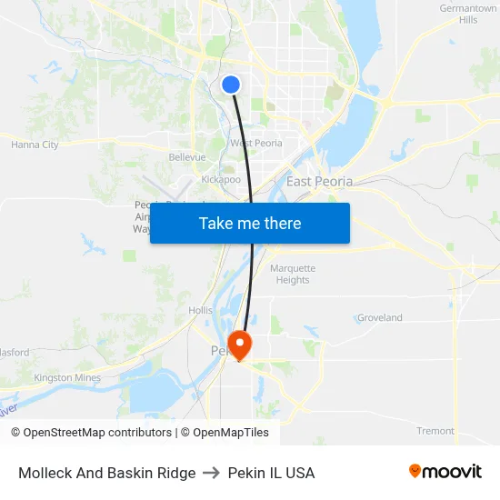Molleck And Baskin Ridge to Pekin IL USA map