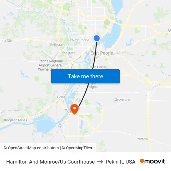 Hamilton And Monroe/Us Courthouse to Pekin IL USA map
