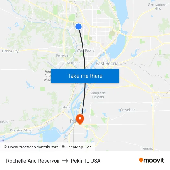 Rochelle And Reservoir to Pekin IL USA map