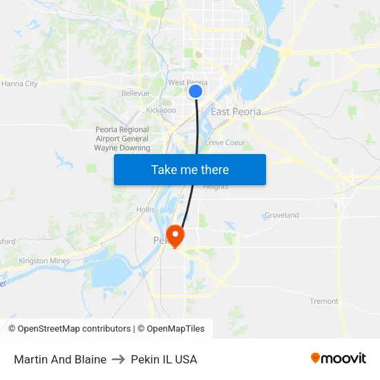 Martin And Blaine to Pekin IL USA map