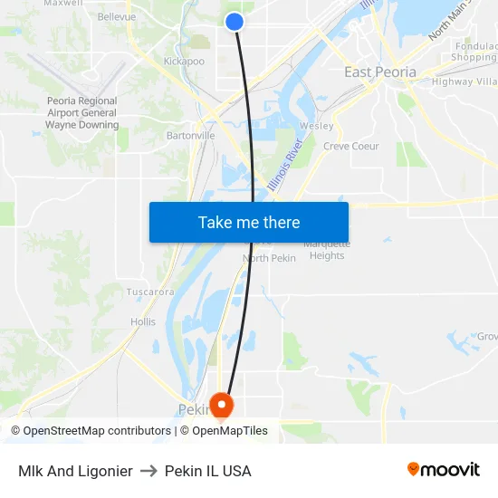 Mlk And Ligonier to Pekin IL USA map