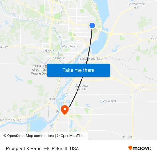 Prospect & Paris to Pekin IL USA map