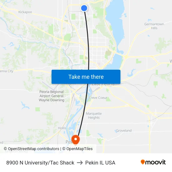 8900 N University/Tac Shack to Pekin IL USA map