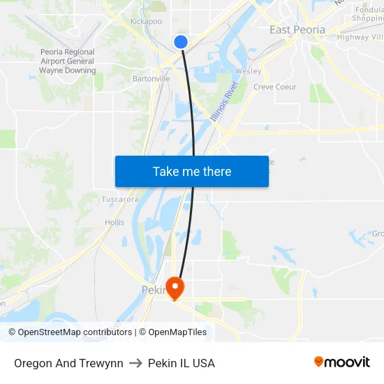 Oregon And Trewynn to Pekin IL USA map