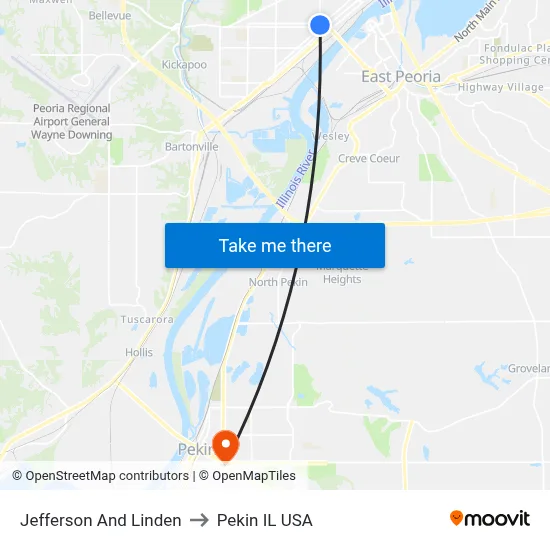 Jefferson And Linden to Pekin IL USA map