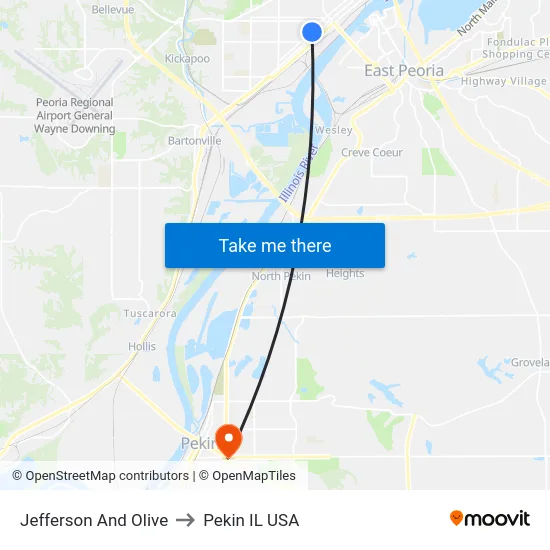 Jefferson And Olive to Pekin IL USA map