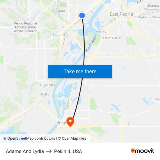 Adams And Lydia to Pekin IL USA map