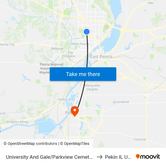 University And Gale/Parkview Cemetery to Pekin IL USA map