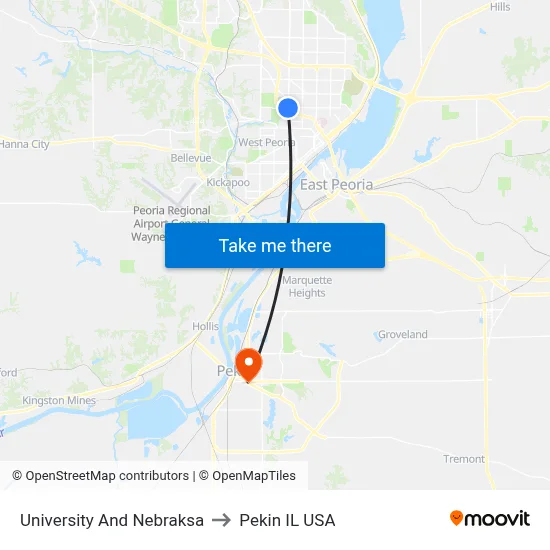 University And Nebraksa to Pekin IL USA map