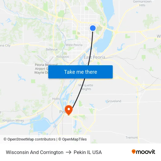 Wisconsin And Corrington to Pekin IL USA map