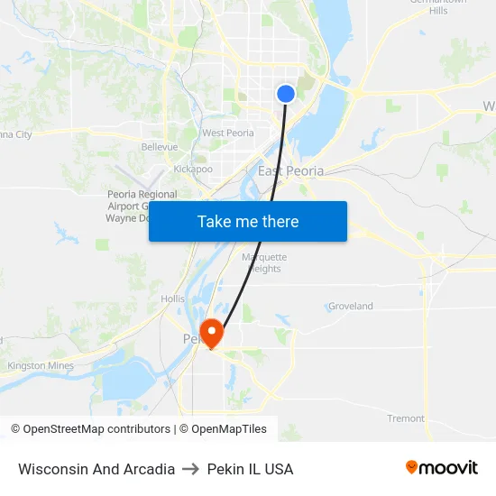 Wisconsin And Arcadia to Pekin IL USA map