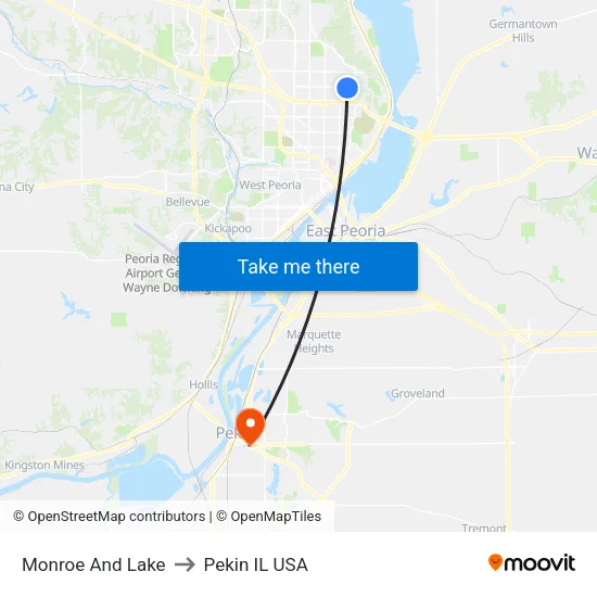 Monroe And Lake to Pekin IL USA map