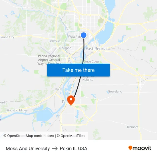 Moss And University to Pekin IL USA map