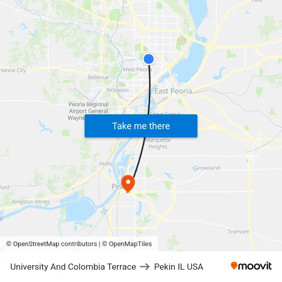 University And Colombia Terrace to Pekin IL USA map