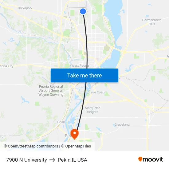 7900 N University to Pekin IL USA map
