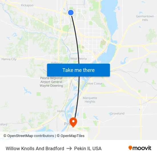Willow Knolls And Bradford to Pekin IL USA map