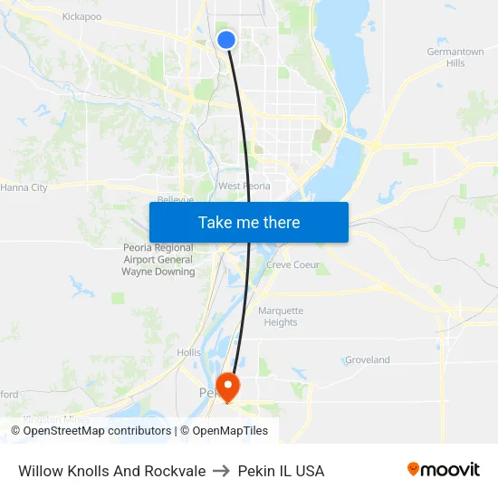 Willow Knolls And Rockvale to Pekin IL USA map