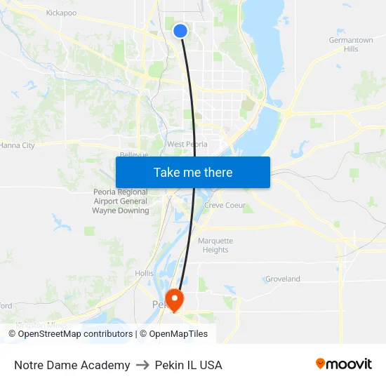 Notre Dame Academy to Pekin IL USA map