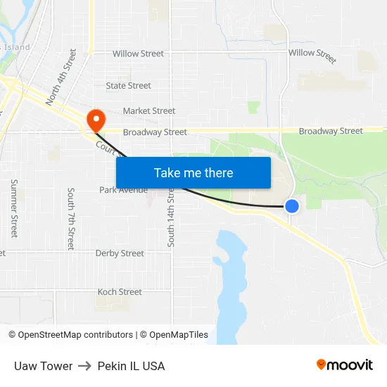 Uaw Tower to Pekin IL USA map