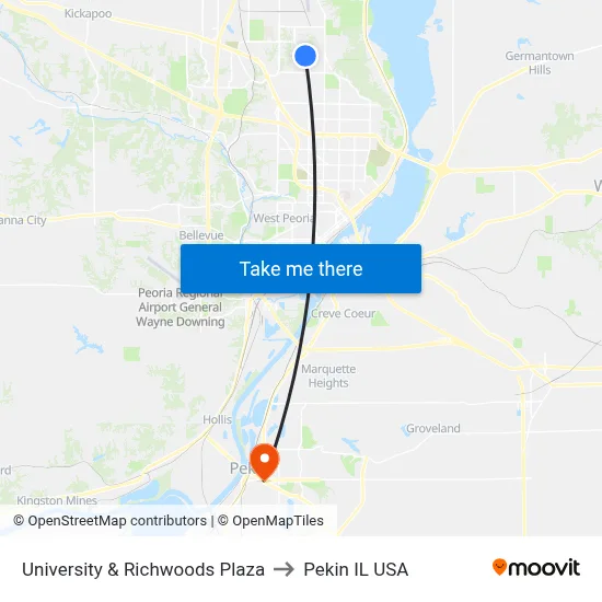 University & Richwoods Plaza to Pekin IL USA map