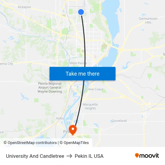 University And Candletree to Pekin IL USA map