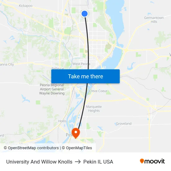 University And Willow Knolls to Pekin IL USA map