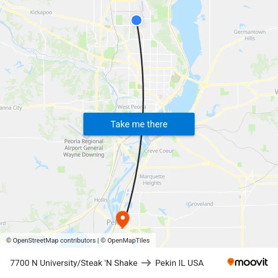 7700 N University/Steak 'N Shake to Pekin IL USA map
