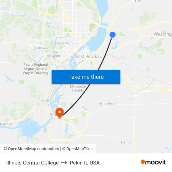 Illinois Central College to Pekin IL USA map