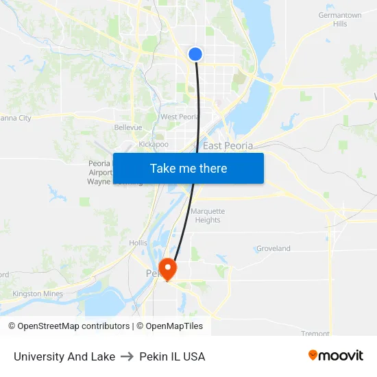 University And Lake to Pekin IL USA map