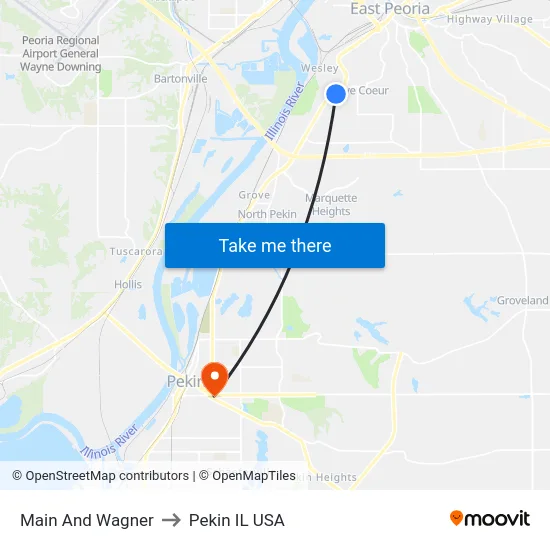 Main And Wagner to Pekin IL USA map