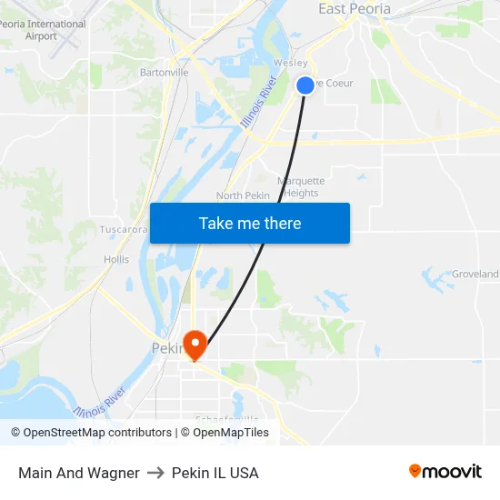 Main And Wagner to Pekin IL USA map