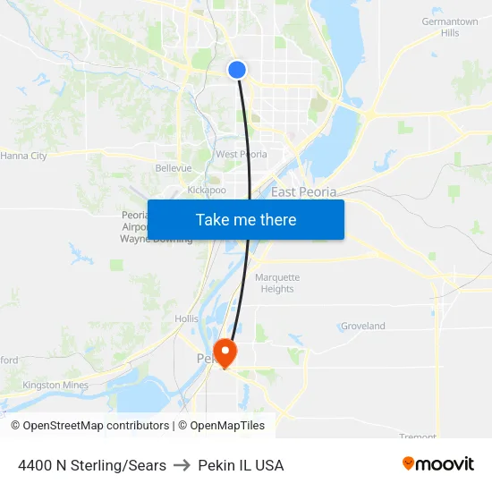 4400 N Sterling/Sears to Pekin IL USA map