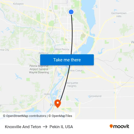 Knoxville And Teton to Pekin IL USA map