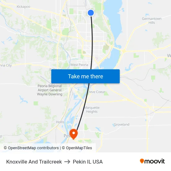 Knoxville And Trailcreek to Pekin IL USA map