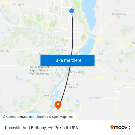 Knoxville And Bethany to Pekin IL USA map
