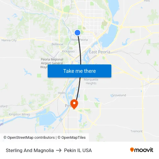 Sterling And Magnolia to Pekin IL USA map
