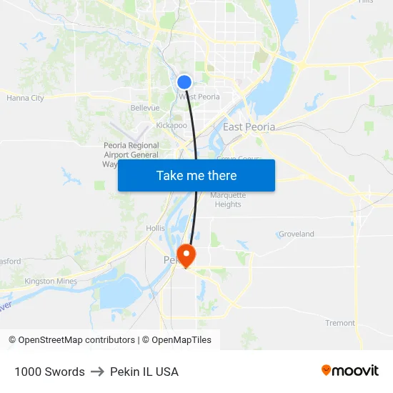 1000 Swords to Pekin IL USA map