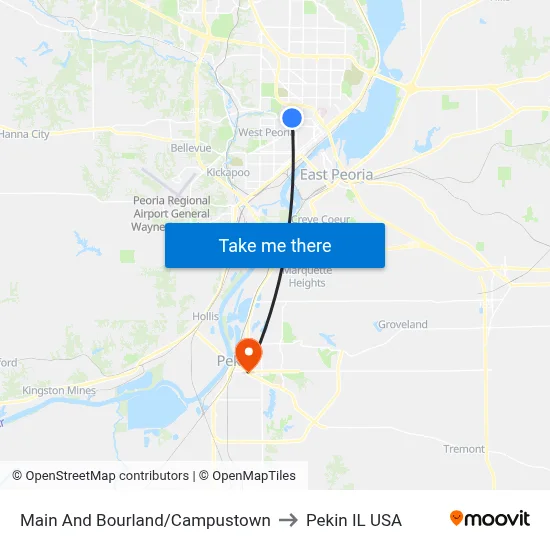 Main And Bourland/Campustown to Pekin IL USA map