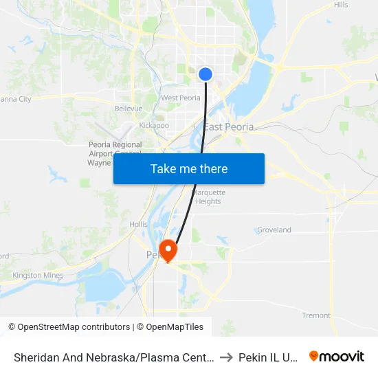 Sheridan And Nebraska/Plasma Center to Pekin IL USA map