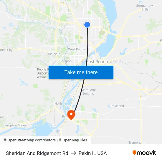 Sheridan And Ridgemont Rd to Pekin IL USA map