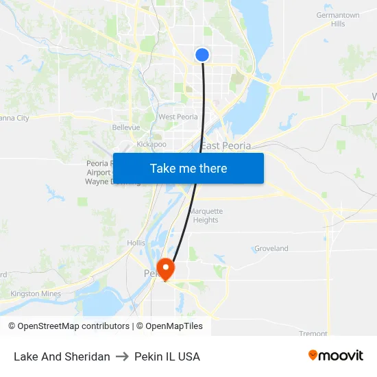 Lake And Sheridan to Pekin IL USA map