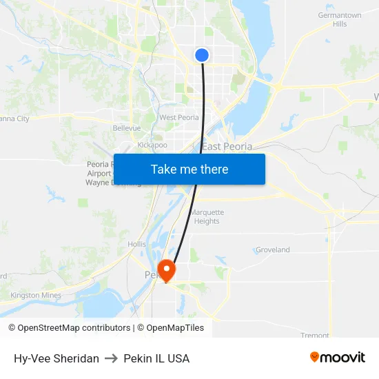 Hy-Vee Sheridan to Pekin IL USA map
