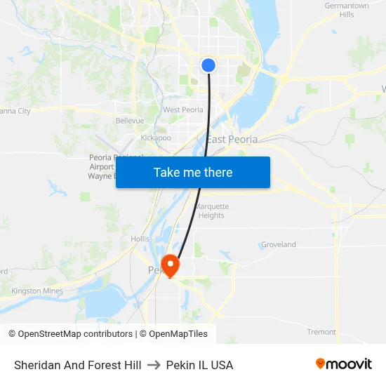 Sheridan And Forest Hill to Pekin IL USA map