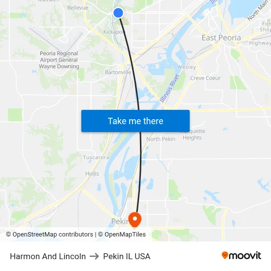 Harmon And Lincoln to Pekin IL USA map