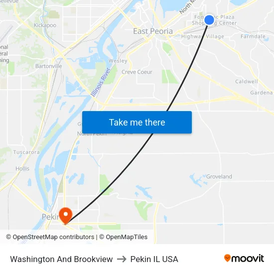 Washington And Brookview to Pekin IL USA map