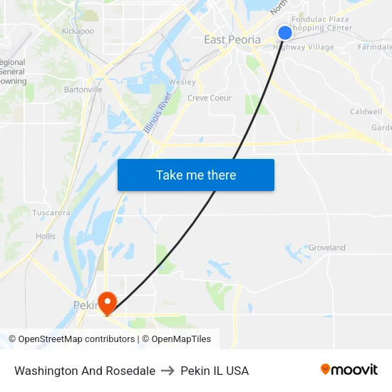 Washington And Rosedale to Pekin IL USA map