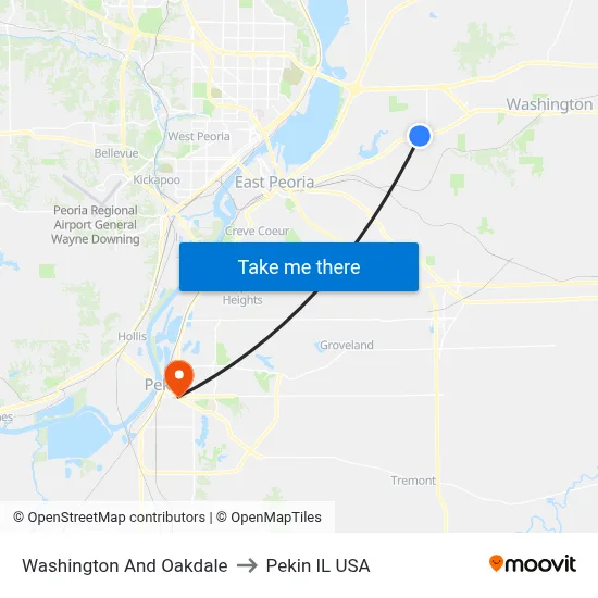 Washington And Oakdale to Pekin IL USA map